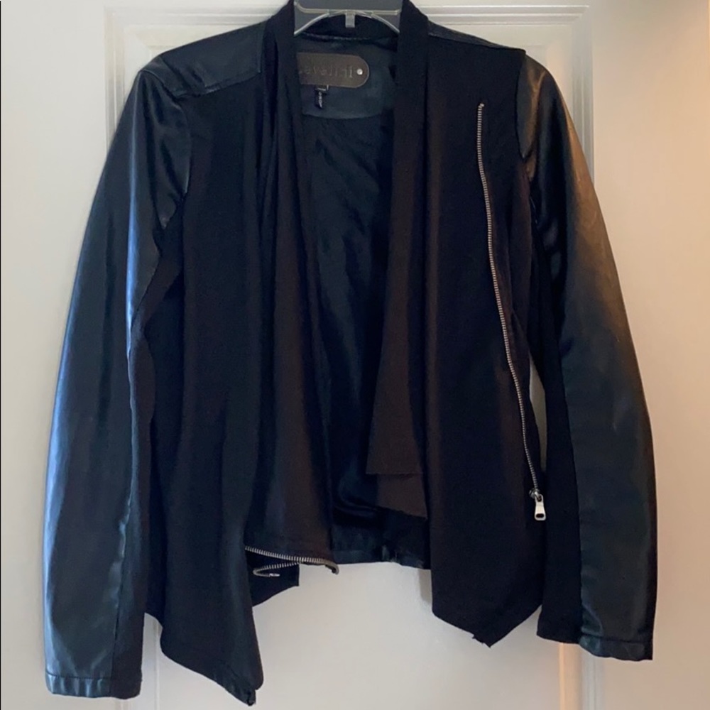 Black drape front faux leather jacket w/ zip front